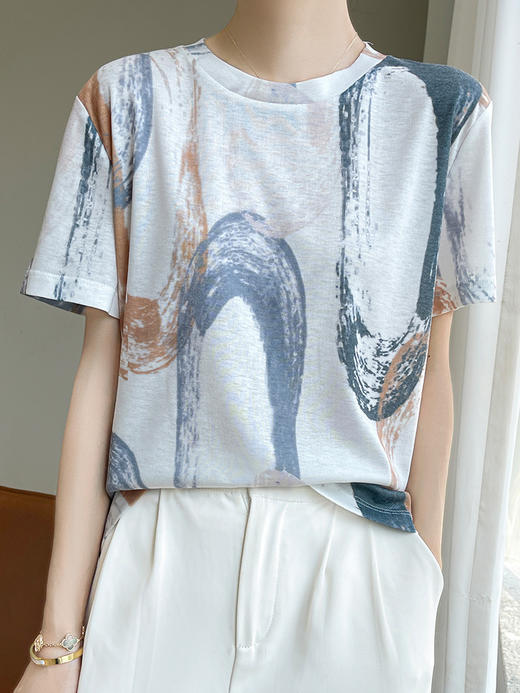 国风印花短袖t恤女夏季莱赛尔天丝针织宽松法式设计感正肩T恤上衣_HLY 商品图3