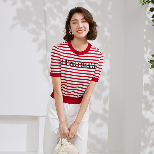 乔万尼针织衫女夏短袖减龄条纹设计EM2M891 商品图2