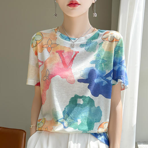 国风印花短袖t恤女夏季莱赛尔天丝针织宽松法式设计感正肩T恤上衣_HLY 商品图5