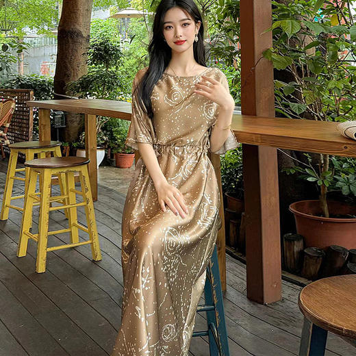 DNO19姆米真丝弹力缎印花连衣裙深圳南油女装一件代发高档桑蚕丝裙子 商品图4