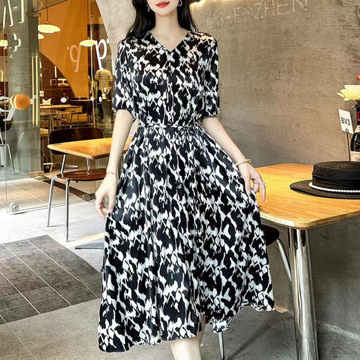 DNO19姆米真丝弹力缎印花连衣裙高档女装夏季薄款v领收腰裙子 商品图1