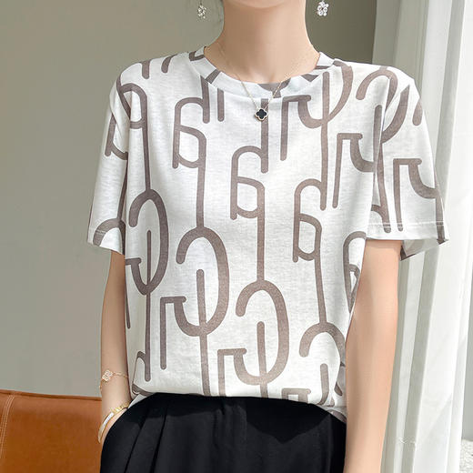 国风印花短袖t恤女夏季莱赛尔天丝针织宽松法式设计感正肩T恤上衣_HLY 商品图9
