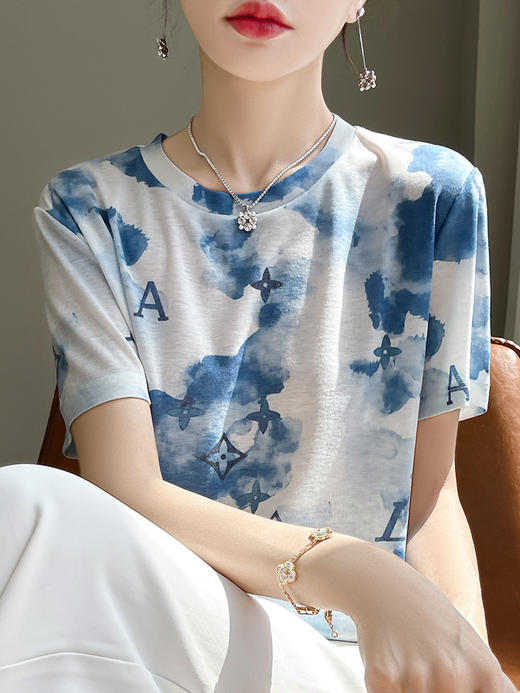 国风印花短袖t恤女夏季莱赛尔天丝针织宽松法式设计感正肩T恤上衣_HLY 商品图4