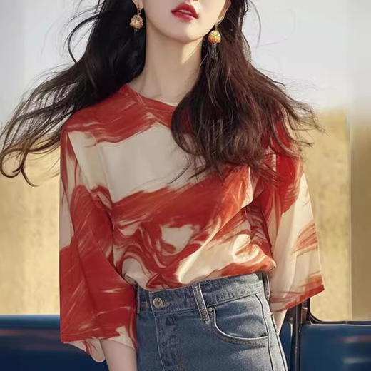 法式轻熟风小众设计别致独特绝美短袖T恤上衣撞色雪纺印花衬衫夏WX088-DJ99 商品图2