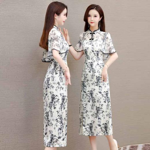蝙蝠袖竹叶花连衣裙，复古旗袍裙中长裙QYM- LRX-QP2423-1-Y 商品图2