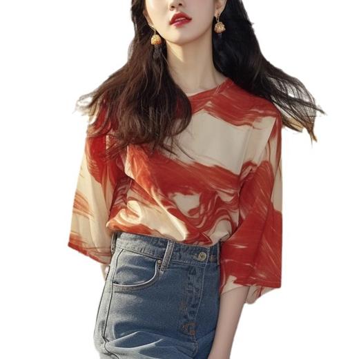 法式轻熟风小众设计别致独特绝美短袖T恤上衣撞色雪纺印花衬衫夏WX088-DJ99 商品图4