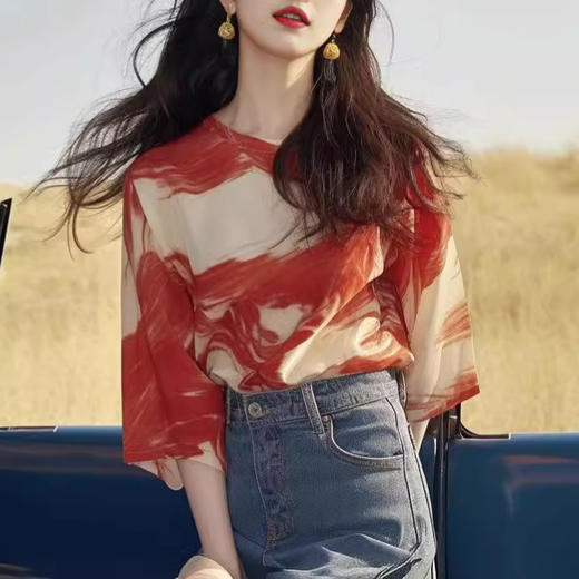 法式轻熟风小众设计别致独特绝美短袖T恤上衣撞色雪纺印花衬衫夏WX088-DJ99 商品图3