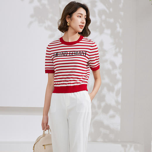 乔万尼针织衫女夏短袖减龄条纹设计EM2M891 商品图1