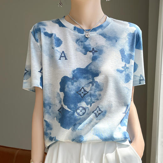 国风印花短袖t恤女夏季莱赛尔天丝针织宽松法式设计感正肩T恤上衣_HLY 商品图6