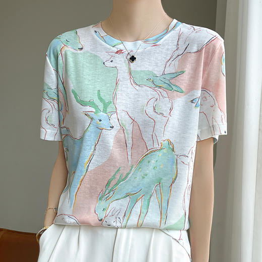 国风印花短袖t恤女夏季莱赛尔天丝针织宽松法式设计感正肩T恤上衣_HLY 商品图12