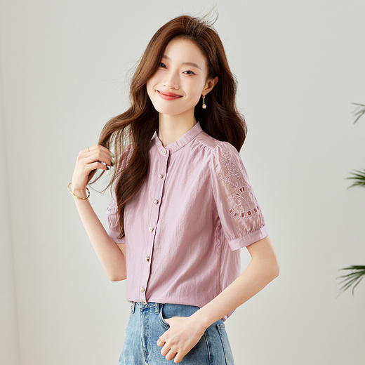 GT 6L 609-A#8551##45~镂空刺绣泡泡袖天丝衬衫女2024夏装法式小衫感别致上衣 商品图0