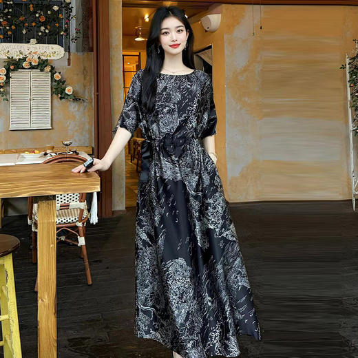 DNO19姆米真丝弹力缎印花连衣裙深圳南油女装一件代发高档桑蚕丝裙子 商品图1