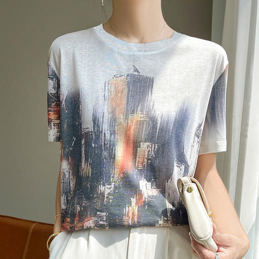 国风印花短袖t恤女夏季莱赛尔天丝针织宽松法式设计感正肩T恤上衣_HLY 商品图11