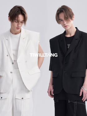 TIWILLTANG启世录“高觉”多层次门襟马甲黑白纯色无袖西装外套男
