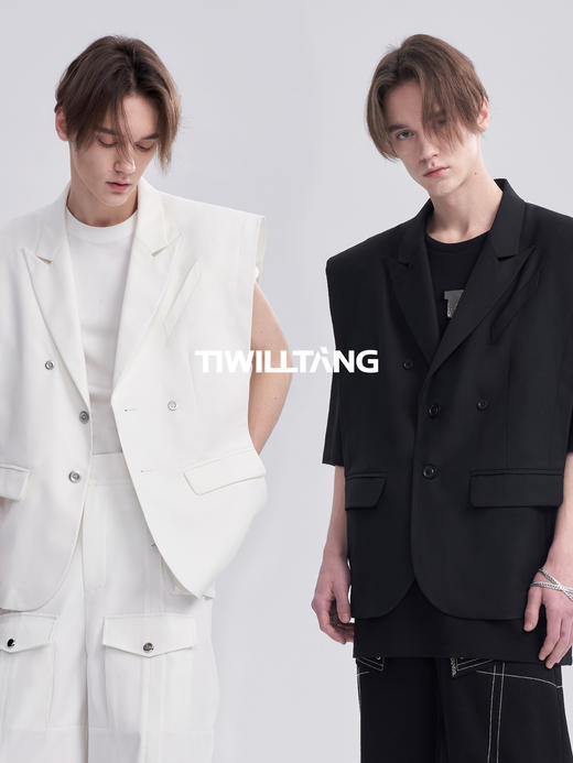 TIWILLTANG启世录“高觉”多层次门襟马甲黑白纯色无袖西装外套男 商品图0