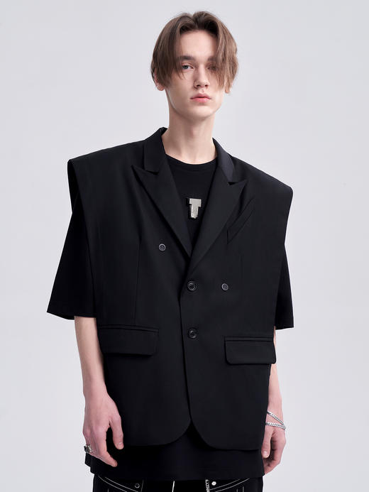 TIWILLTANG启世录“高觉”多层次门襟马甲黑白纯色无袖西装外套男 商品图1