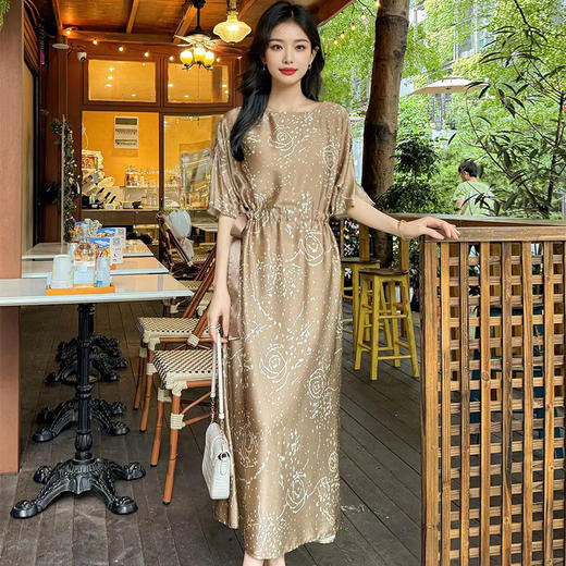 DNO19姆米真丝弹力缎印花连衣裙深圳南油女装一件代发高档桑蚕丝裙子 商品图2