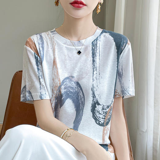 国风印花短袖t恤女夏季莱赛尔天丝针织宽松法式设计感正肩T恤上衣_HLY 商品图13