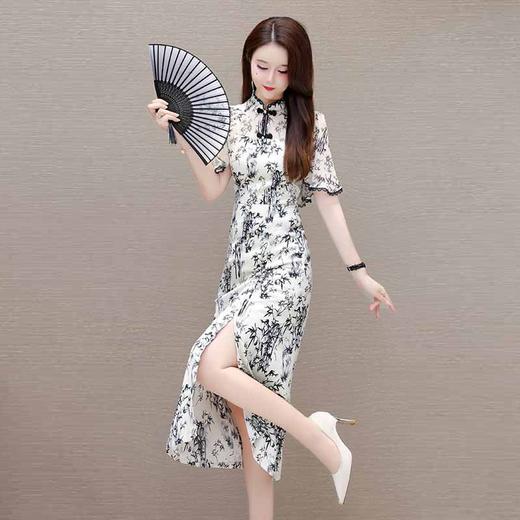 蝙蝠袖竹叶花连衣裙，复古旗袍裙中长裙QYM- LRX-QP2423-1-Y 商品图1