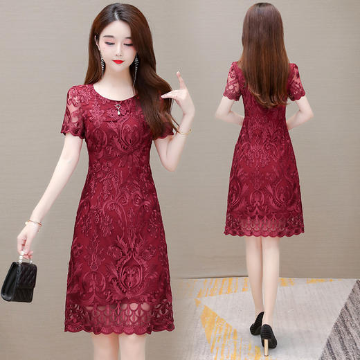 蕾丝刺锈网纱连衣裙，短袖裙时尚中长款红色婚礼裙QYM- LRX-4A21920-Y 商品图2