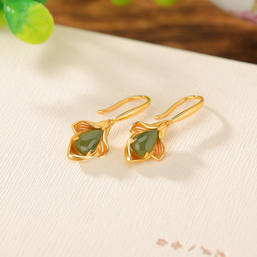 S925纯银镀金和田玉碧玉玉兰花水滴耳坠CW 商品图1