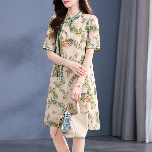 丁摩 盘扣改良旗袍年轻款桑蚕丝连衣裙中国风A字裙真丝裙子4ZF-90105 商品图1