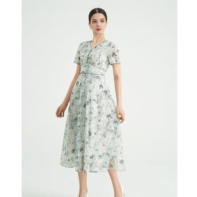 司歌蕾丝印花国风连衣裙短袖收腰优雅A891422M