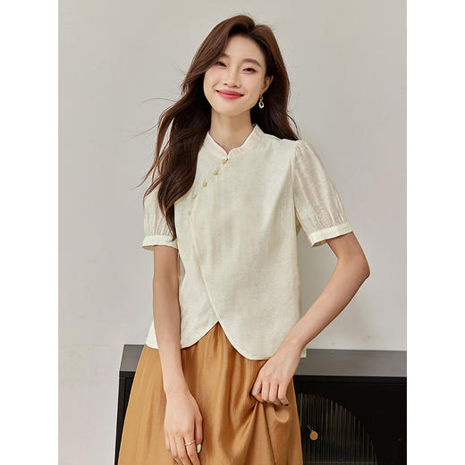 【专属特价】熙世界夏季女装新中式国风禅意立领斜襟衬衫天丝半身裙两件套装 商品图2