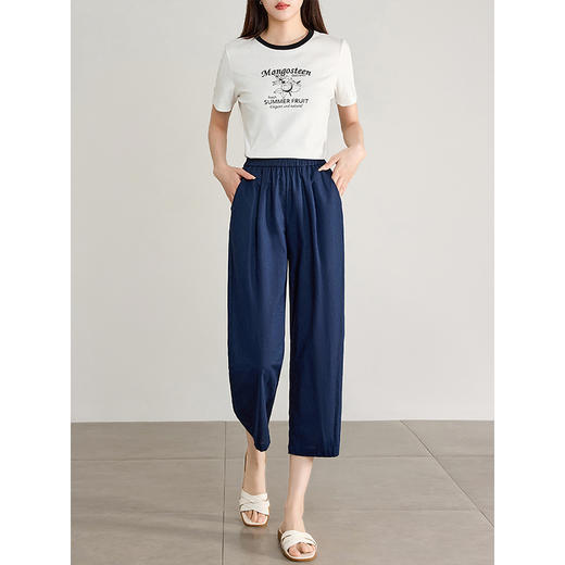 【1件72折】熙世界八分亚麻休闲裤夏季薄款24年新款松紧腰宽松烟管棉麻裤子 商品图4