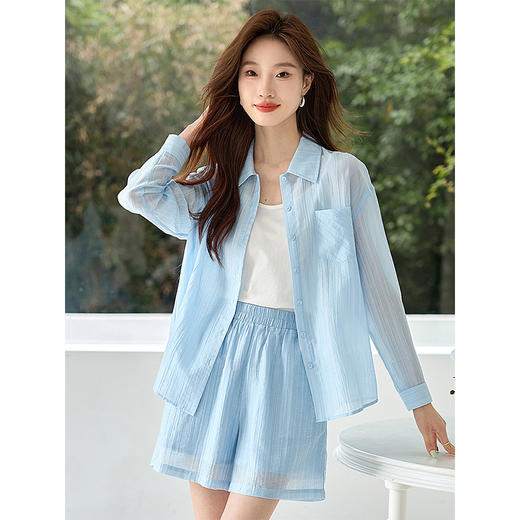 【专属特价】熙世界轻薄天丝防晒衬衫短裤两件套2025夏季新款风休闲盐系套装 商品图1