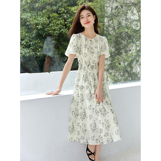 【专属特价】熙世界超好看气质轻国风复古水墨花卉印花连衣裙子2025夏装新款 商品图1