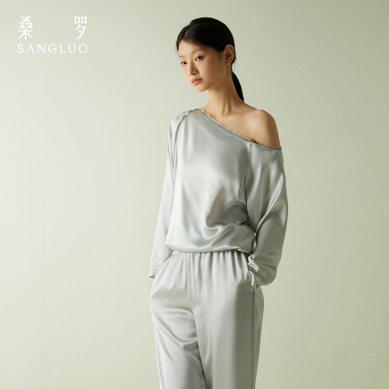 桑罗真丝轻运动斜肩套装女2024年新款蕾丝拼接简约高级可外穿居家服