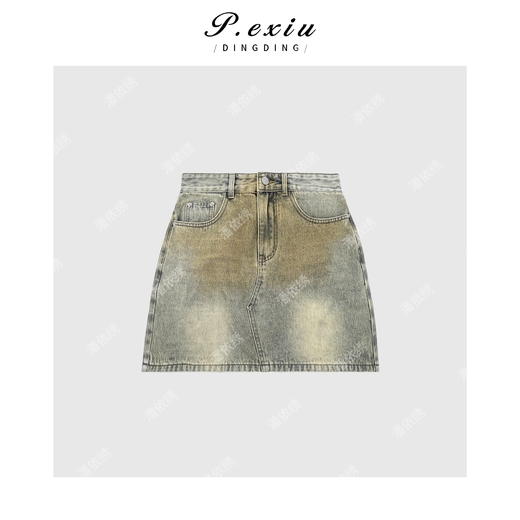 04-3潘依绣丁丁宠粉PanYiXiu/潘依绣100%棉美式复古水洗做旧A字牛仔短裙 D6521 商品图1