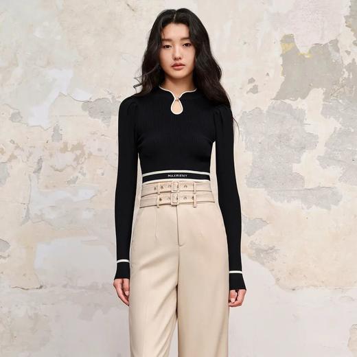 中式立领截短撞色边套头针织 商品图1