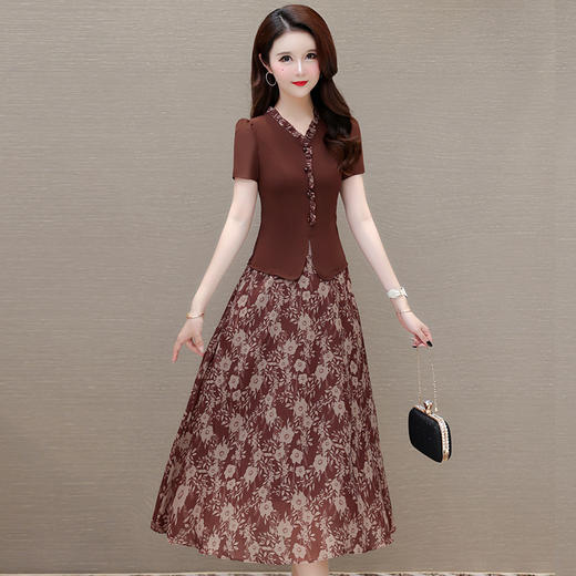 时尚木耳边拼结，短袖V领中长裙QYM-KED-H1906 -Y 商品图0