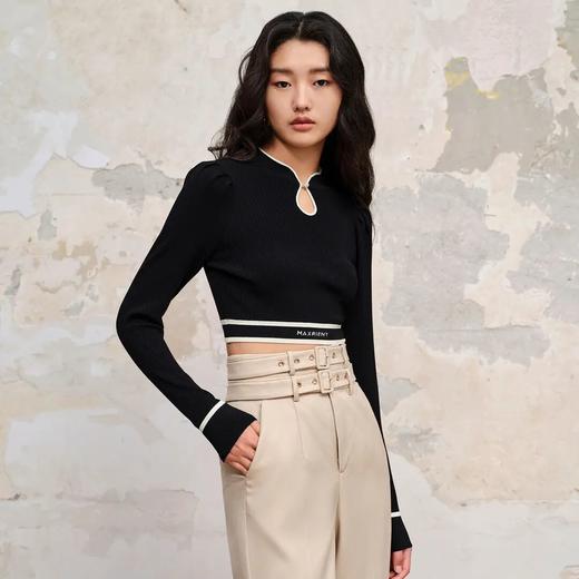 中式立领截短撞色边套头针织 商品图0