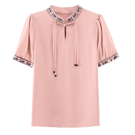 A2536 2024新中式国风立领刺绣衬衫女夏装新款设计感短袖别致盘扣上衣 商品图4