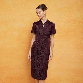 PF8E8斯尔丽2024新款改良旗袍式蕾丝拼接醋酸喜婆婆宴会收腰合体显瘦连衣裙