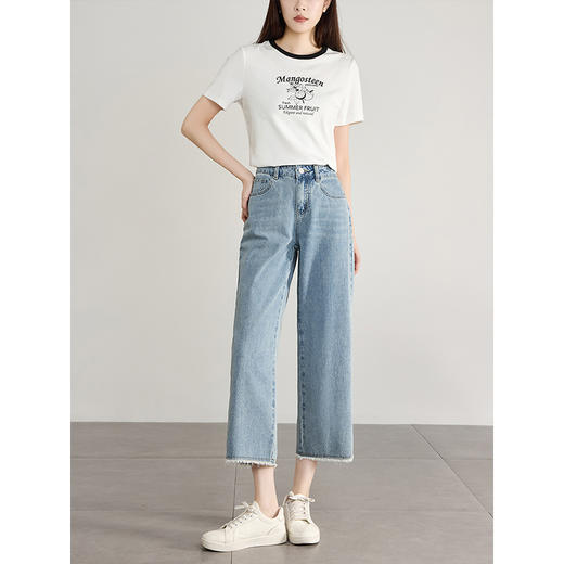 【专属特价】熙世界八分阔腿牛仔裤夏2025新款薄款时髦复古宽松直筒毛边裤子 商品图4