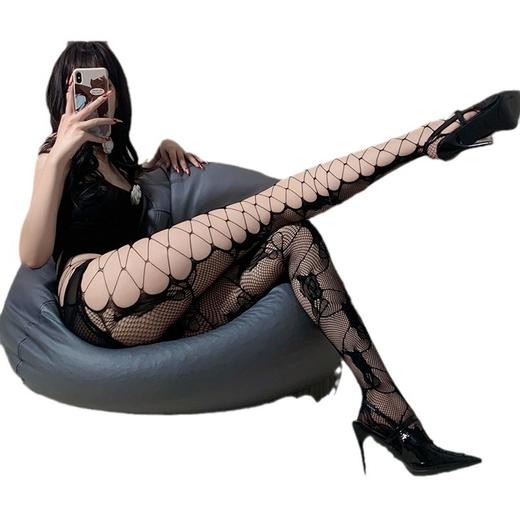 【霏慕】侧镂空破洞玫瑰提花连裤网袜7340情趣性感透肉网眼黑丝 商品图4