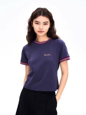 heris/H42116/撞色手写刺绣 彩色罗口拼接 收腰显瘦插肩短袖短T