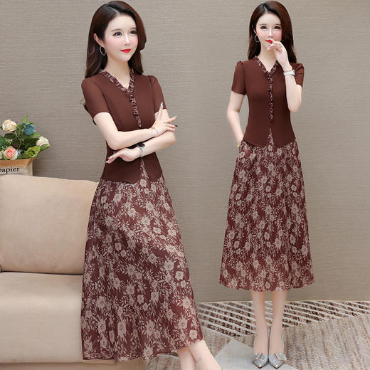 时尚木耳边拼结，短袖V领中长裙QYM-KED-H1906 -Y 商品图1