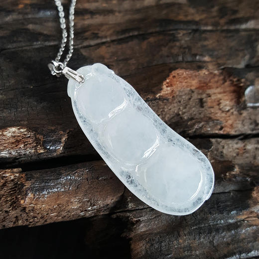 【天然正品】AU750白金镶糯种白色福豆荚翡翠（福、禄、寿）吊坠项链310524NJM08 商品图4