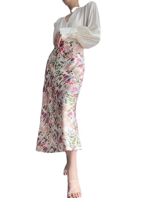 碎花半身裙夏季中长款女2023新款收腰弹力缎面鱼尾裙高腰气质半裙_HLY 商品图4