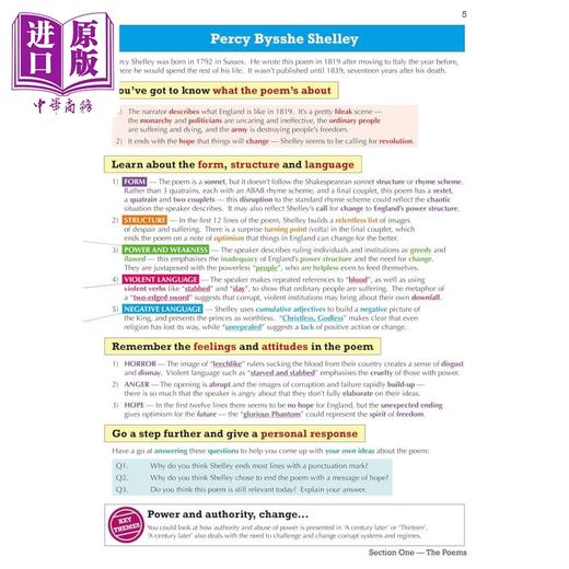 预售 【中商原版】英国CGP原版英语文学诗歌指南4册 GCSE English AQA Poetry Guide Book 1&2 Love & Relationships Anthology 商品图4