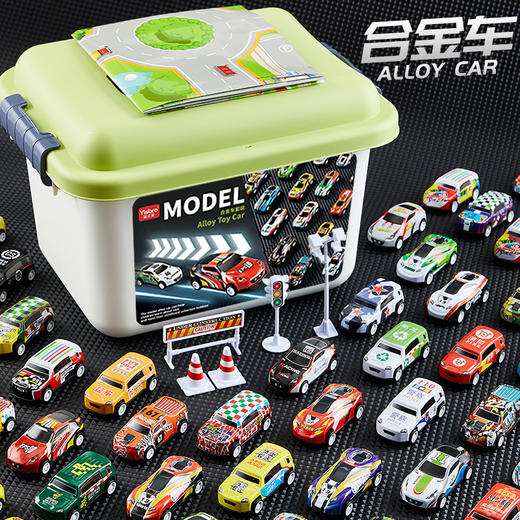「抖音同款！100辆桶装」 儿童合金小汽车玩具车套装1:64回力惯性仿真铁皮回力车收纳盒套装 商品图0