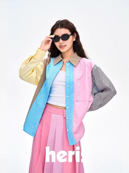 heris/H42119/多巴胺色彩条纹拼接 宽松廓形百搭 经典翻领长袖衬衫 商品图0