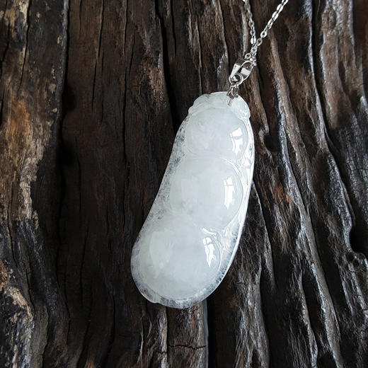 【天然正品】AU750白金镶糯种白色福豆荚翡翠（福、禄、寿）吊坠项链310524NJM08 商品图2