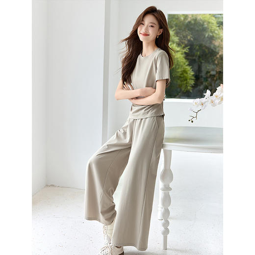 【专属特价】熙世界灰色短袖T恤套装2025夏装搭配一整套休闲阔腿裤子两件套 商品图1