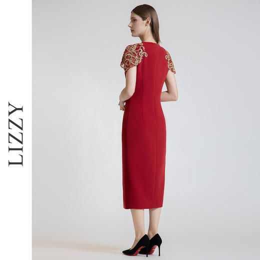 LIZZY 2024轻奢优雅重工钉珠短袖修身开叉礼服连衣裙7645 商品图4